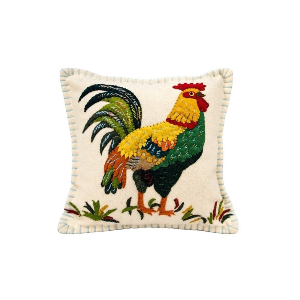 Rooster Embroidered Appliqué Folk Art Accent Pillow 11" Farmhouse Cottage
